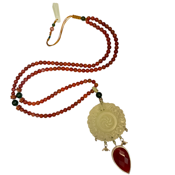 Carved Jade Necklace with Red Onyx Drop