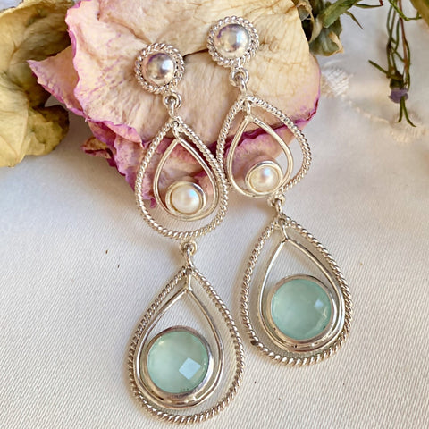 ON SALE - Pearl and Aqua Chalcedony earrings