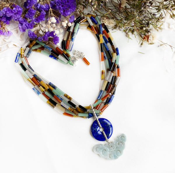 ON SALE - Lapis, Carved Jade and multi-gemstone necklace