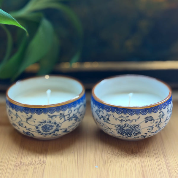 Blue & White round miniature tea cup candles