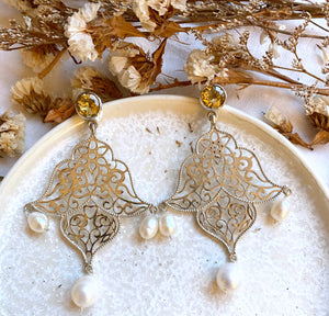 ON SALE - Large Filigree Citrine and Pearl Earring