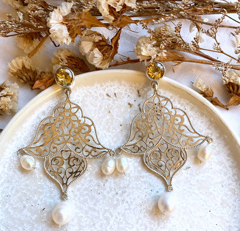 NEW - Large Filigree Citrine and Pearl Earring