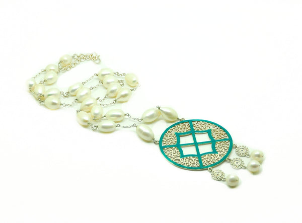 SOLD - NEW Pearl and enamel filigree necklace