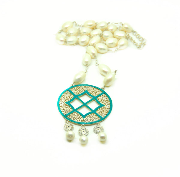 SOLD - NEW Pearl and enamel filigree necklace