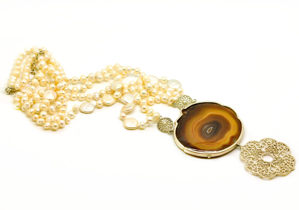 SOLD - ON SALE Agate necklace with pearls and filigree