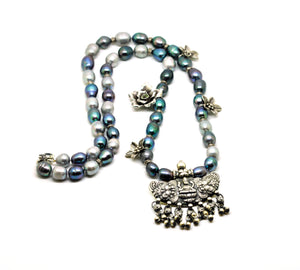 SOLD - ON SALE - Tribal Vintage Necklace with Grey pearls