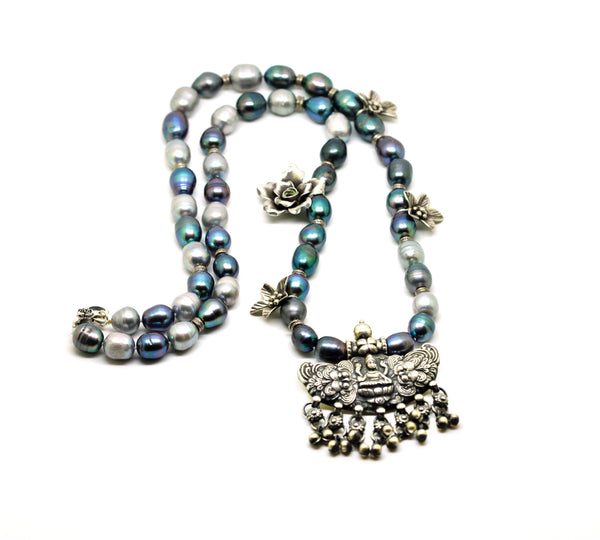 SOLD - ON SALE - Tribal Vintage Necklace with Grey pearls