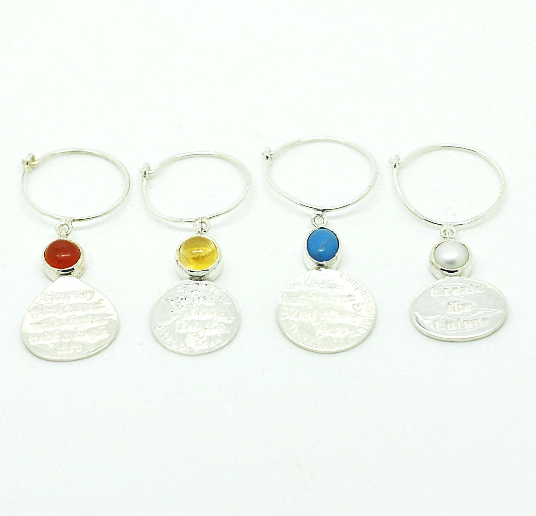 SOLD - Sterling Silver Wine Glass Charm Set 4 - Quotes