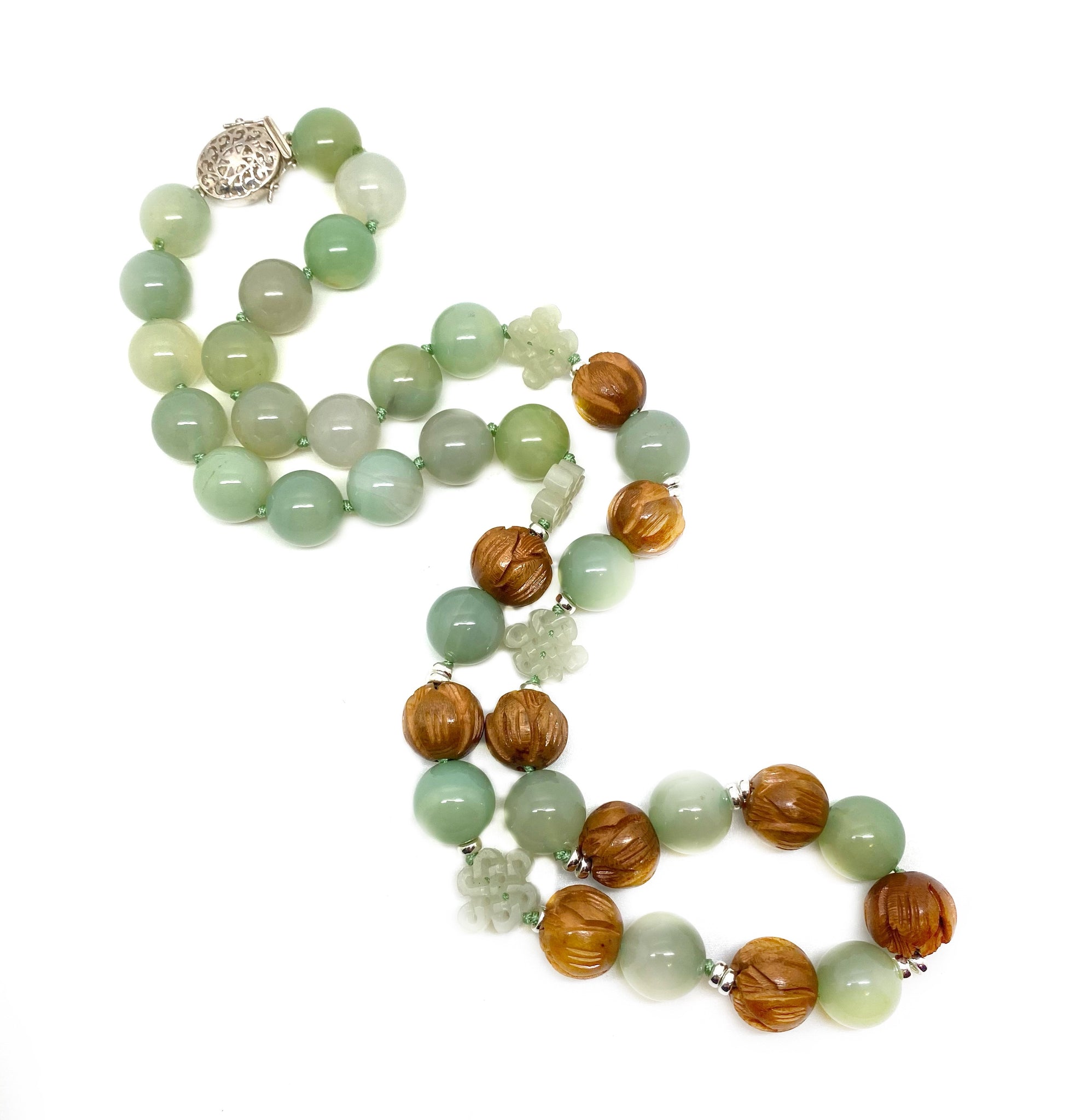SOLD - NEW - Jade, Sterling and Wooden beads necklace