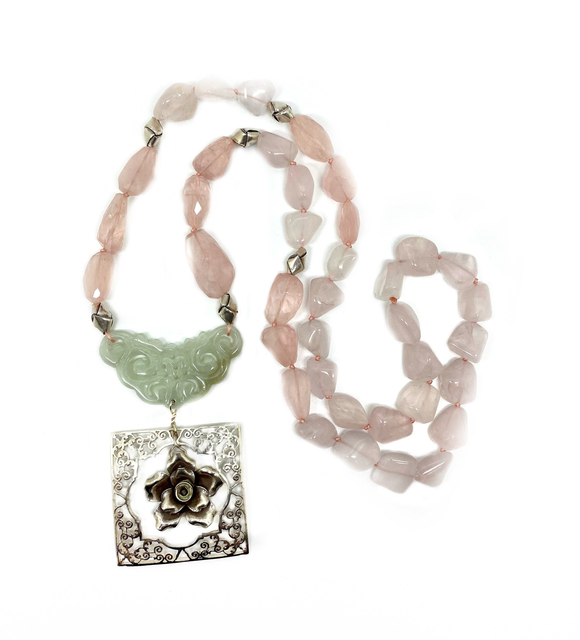 SOLD - NEW - Carved Jade and Rose Quartz necklace