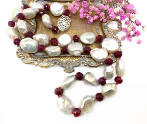 SOLD - ON SALE NEW - Ruby and Baroque Pearl necklace