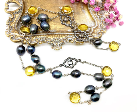 SOLD - ON SALE - Grey Pearls & Yellow Chalcedony