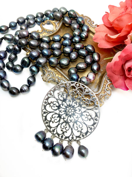 SOLD - ON SALE NEW - Black Pearls filigree necklace