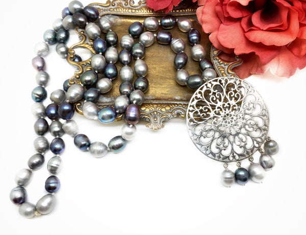 SOLD - NEW - Grey Pearls Filigree necklace