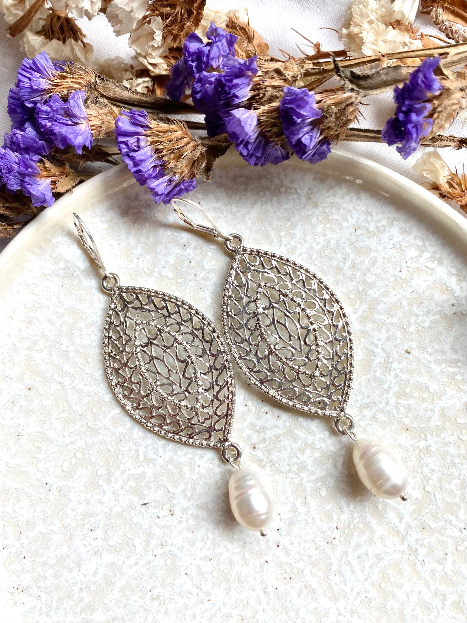 SOLD - On Sale - New long filigree white Pearl earring