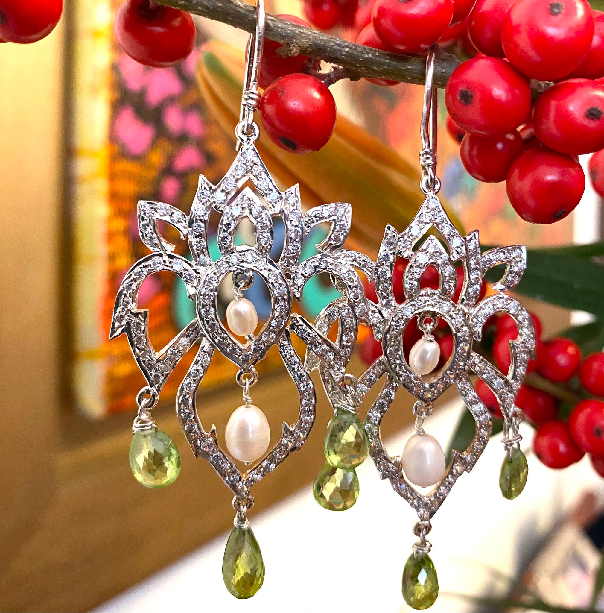 ON SALE NEW- Pearl, Peridot and American Diamond earrings